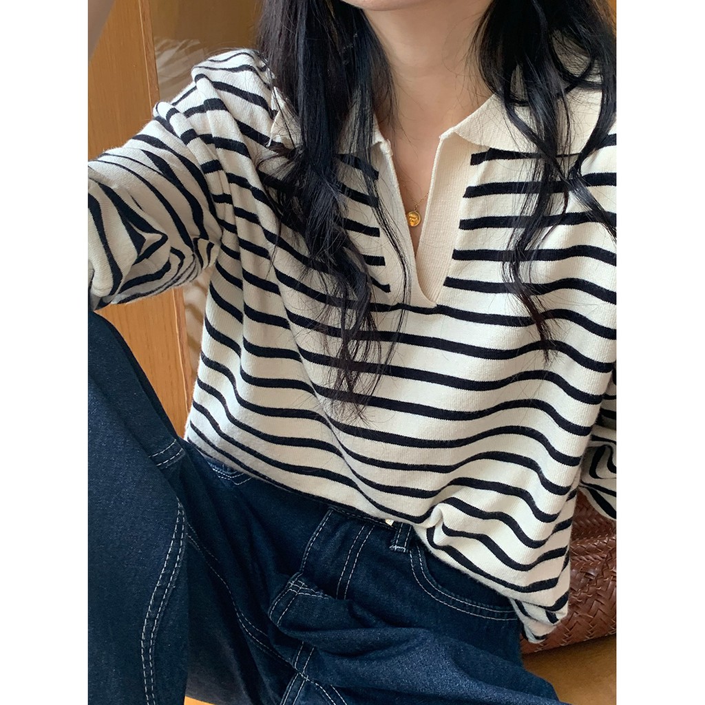 Áo Dệt Kim Tay Dài Cổ Polo Họa Tiết Kẻ Sọc Màu Sắc Thời Trang Cho Nữ