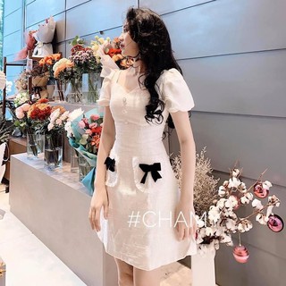 Váy thiết kế cho nữ chất dạ weet cổ tim phối nơ túi cúc đồng Mẫu mới 2022