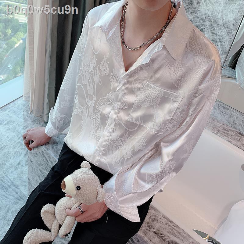 ✎Áo sơ mi satin chất lượng cao mùa thu dài tay thời trang cổ điển hình rồng jacquard lụa thêu hoa nam đẹp trai