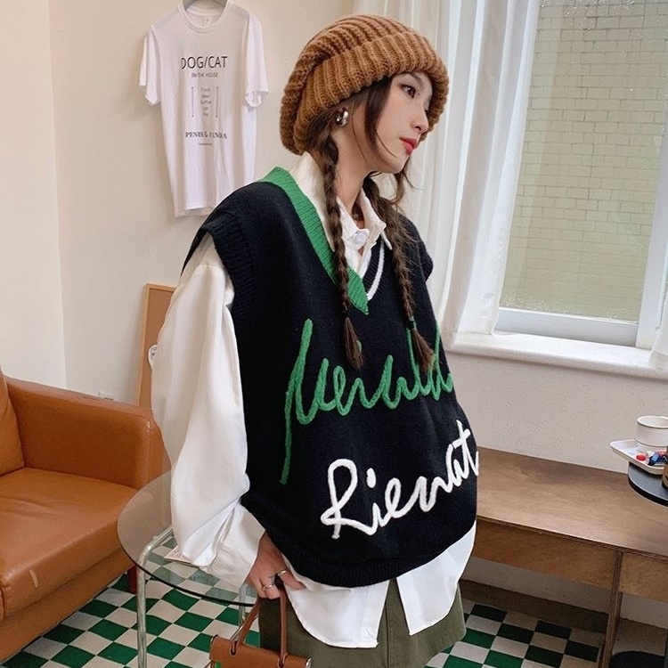 Áo Dệt Kim Sát Nách Dáng Rộng In Chữ Phối Màu Mới Trẻ Trung Cho