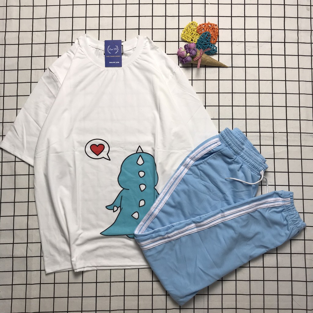 Set Đồ Bộ Quần Dài Jogger Áo Thun Khủng Long Trốn Tìm Lapi VN Thoáng Mát, Freesize,Form Rộng