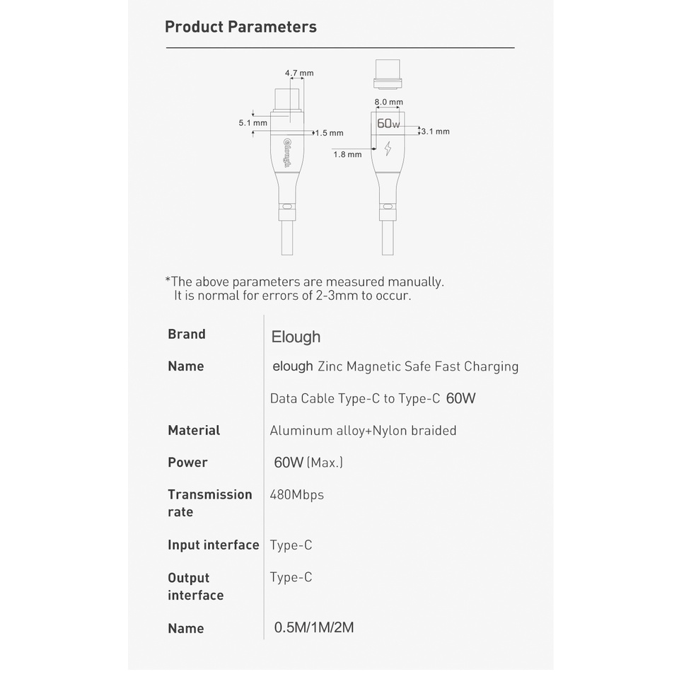 Dây Cáp Sạc Nhanh USB C Từ Tính 60W Đầu Cắm Type C 4.0 Dành Cho Xiaomi