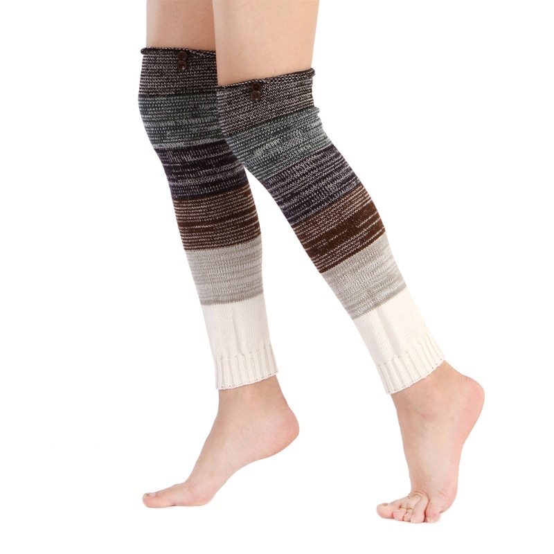 Xiangbao Phụ Nữ Dệt Kim Giữ Ấm Chân Siêu Dài Khâu Nút Màu Sắc Cầu Vồng Trang Trí Giày Bốt