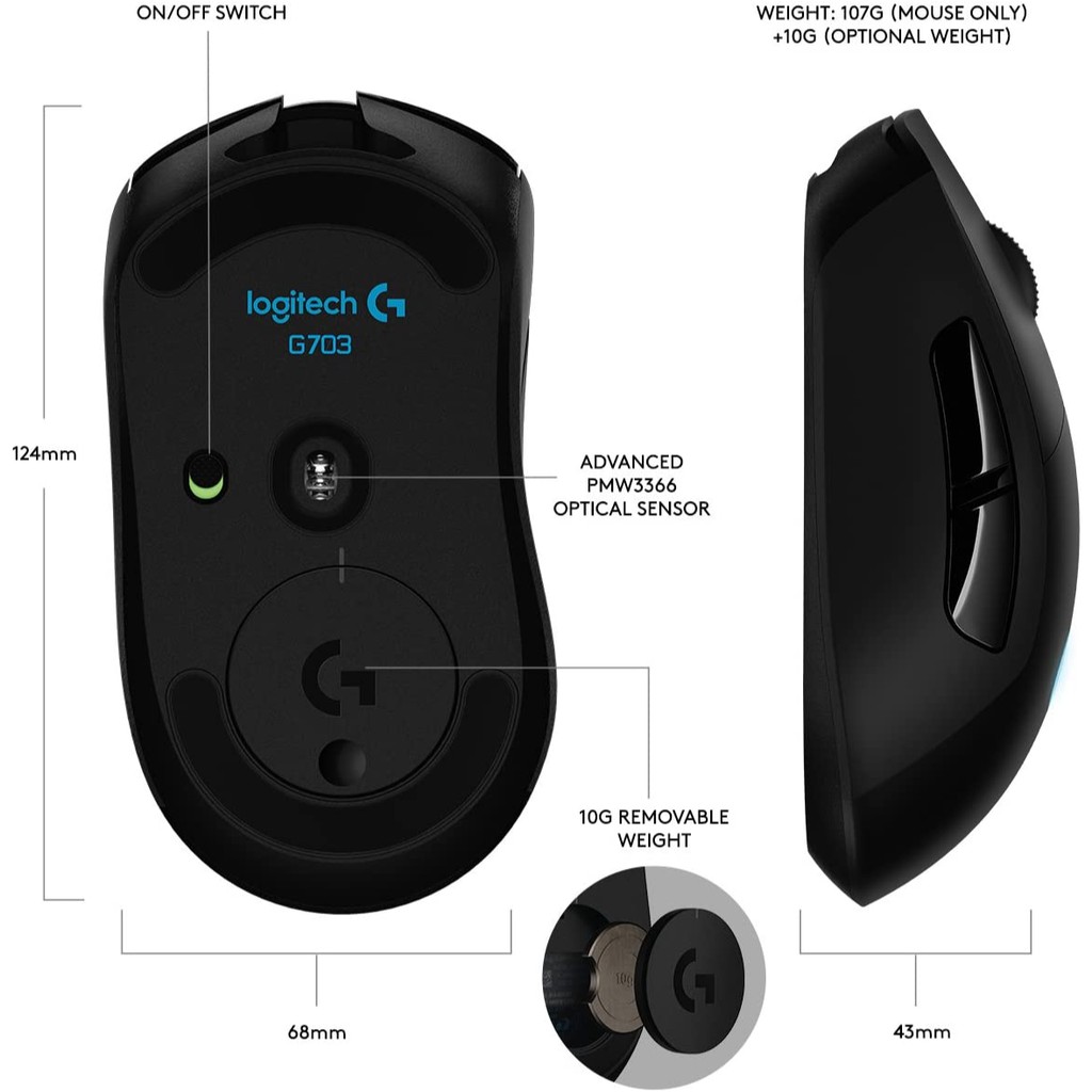 Chuột chơi game Logitech G703 LIGHTSPEED cảm biến HERO