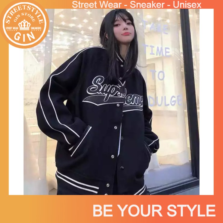 ÁO KHOÁC BOMBER JACKET SUPRIME ĐEN VIỀN TRẮNG UNISEX - GIN STORE