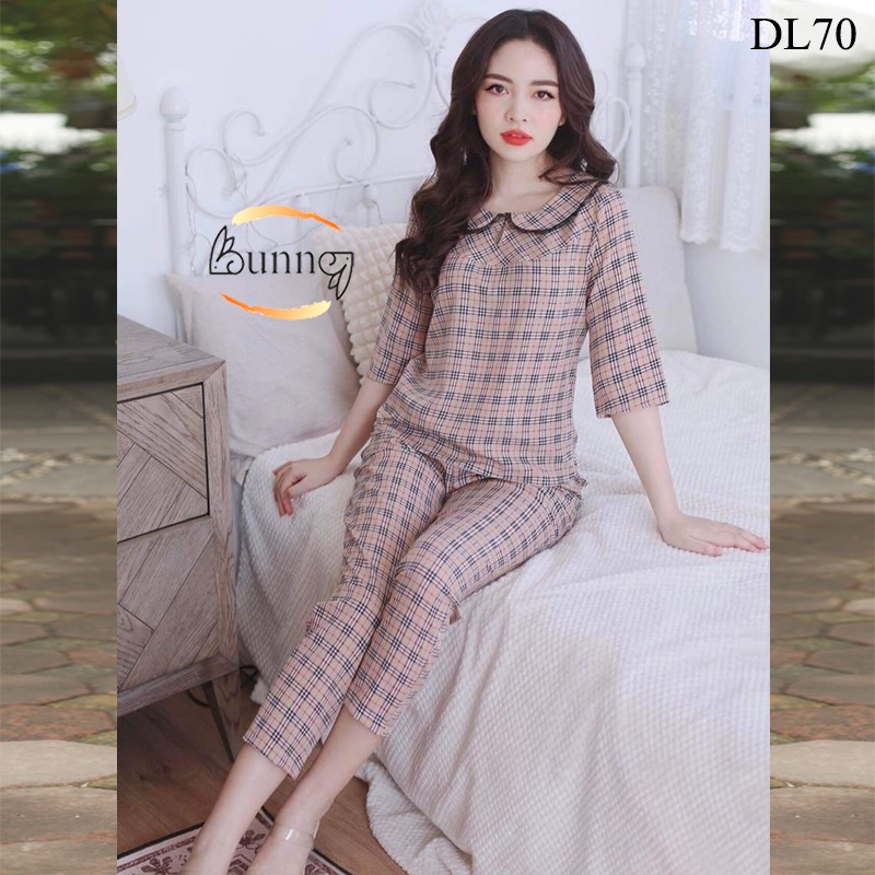 [Bunny] ĐỒ MẶC NHÀ SAU SINH CHẤT LIỆU LỤA, QUẦN ÁO MẶC NHÀ FOM DÁNG ĐẸP HỌA TIẾT CARO ĐẸP