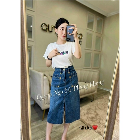 Chân váy bò dài khuy vàng