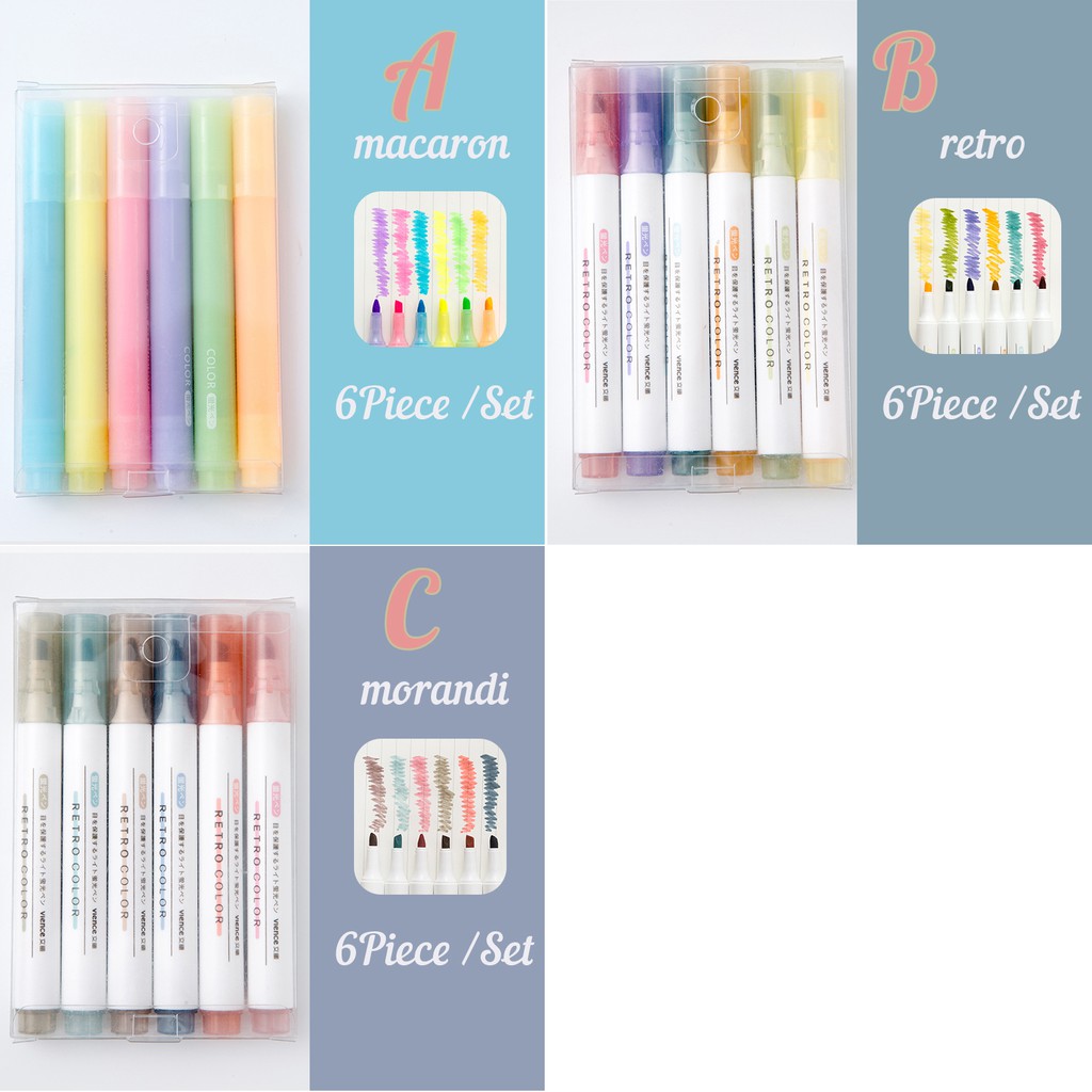 Bộ Bút Highlight Pastel Vience - Bút Nhớ Dòng Đánh Dấu Nhiều Màu Bộ 6 cây