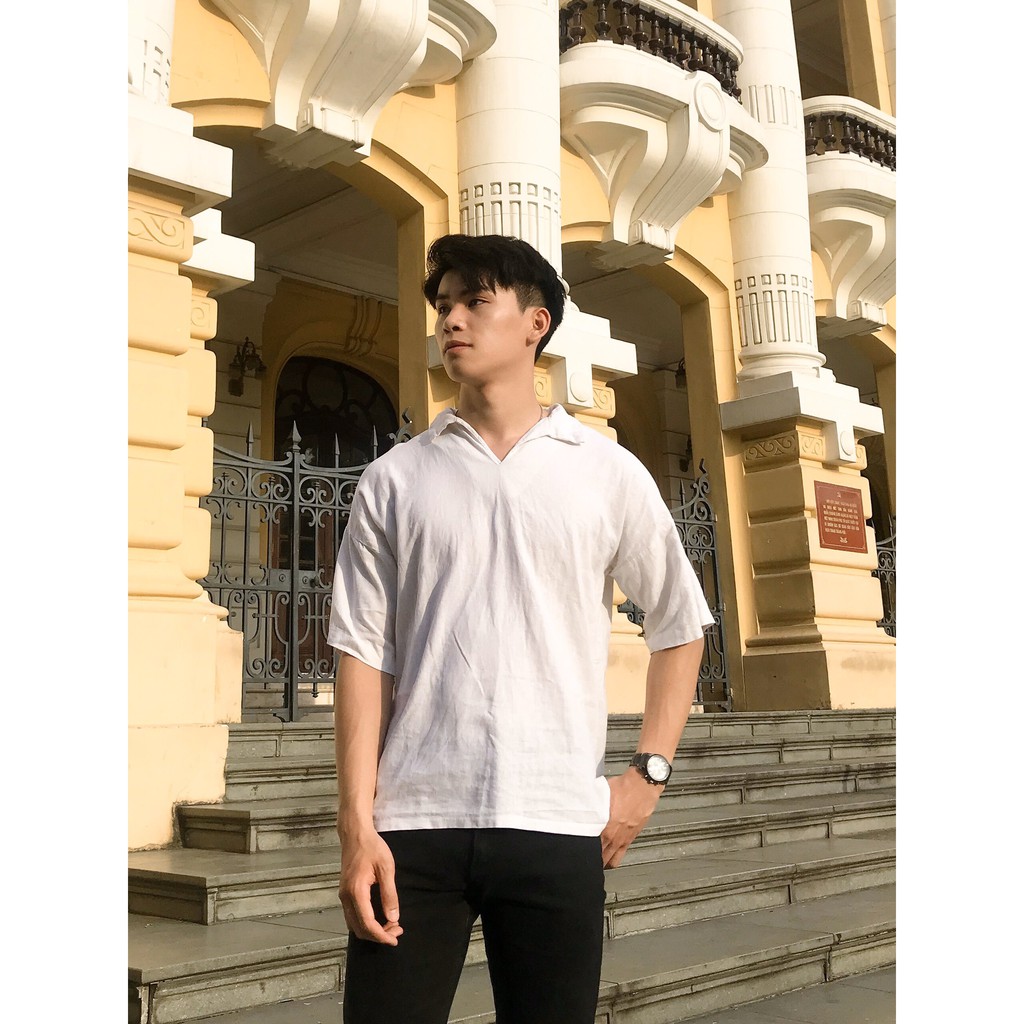 Áo polo nam form hàn quốc. chất liệu linen, màu trắng vintage