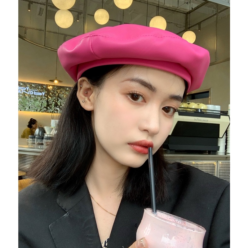 Mũ nồi da màu trơn phong cách retro thời trang Hàn quốc