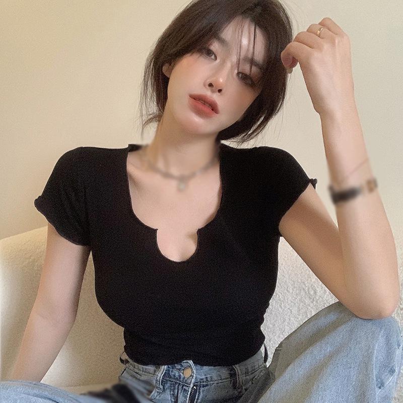 Áo Croptop Tay Ngắn Cổ Chữ V Màu Sắc Đơn Giản Phong Cách Hàn Quốc Thời Trang Mùa Hè Cho Nữ
