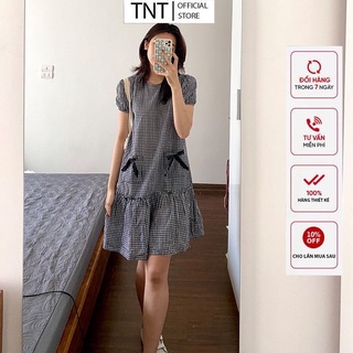 váy đuôi cá kẻ karro hai túi thật, đầm suông đuôi cá phong cách hàn quốc