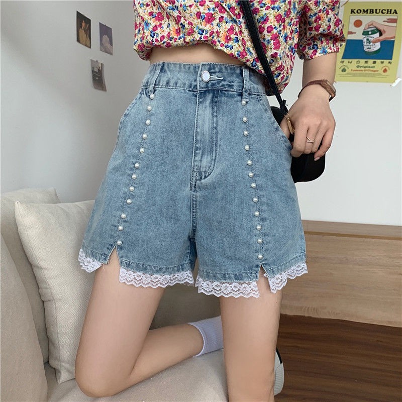 Quần Short Denim Ống Rộng Phối Ren Phong Cách Hàn Quốc