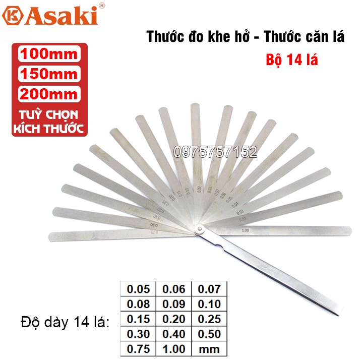 Bộ thước căn lá, thước nhét, thước đo khe hở hãng Asaki, dưỡng đo độ dày thép INOX lò xo đàn hồi canh khe hở chỉnh xupap