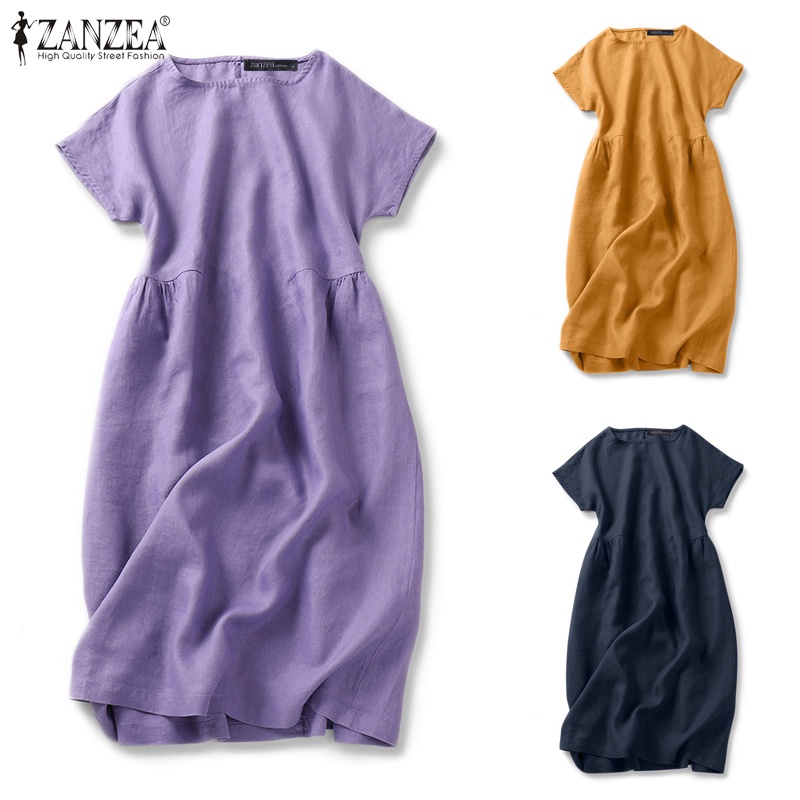 Đầm Zanzea tay ngắn màu trơn phong cách thời trang Hàn Quốc thời trang cho nữ