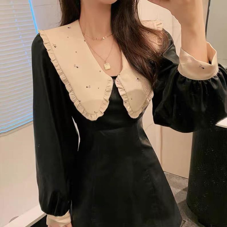 ♥️ ĐẦM ĐEN XOÈ CỔ SEN TRẮNG THÊU HOA ♥️ 👗 ྇