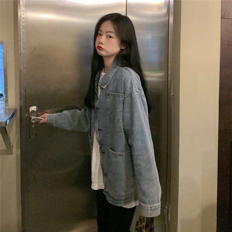 Áo Khoác Denim Tay Dài Dáng Rộng Phong Cách Hàn Quốc Thời Trang Xuân Thu Cho Nữ