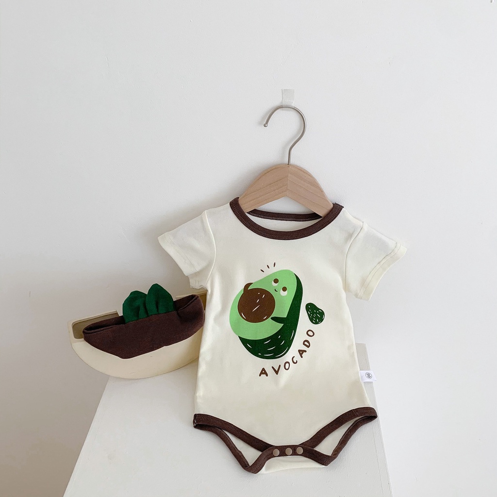 Bộ Áo Liền Quần Tay Ngắn In Họa Tiết Quả Bơ Dễ Thương Kèm Nón Thời Trang Mùa Hè Cho Bé