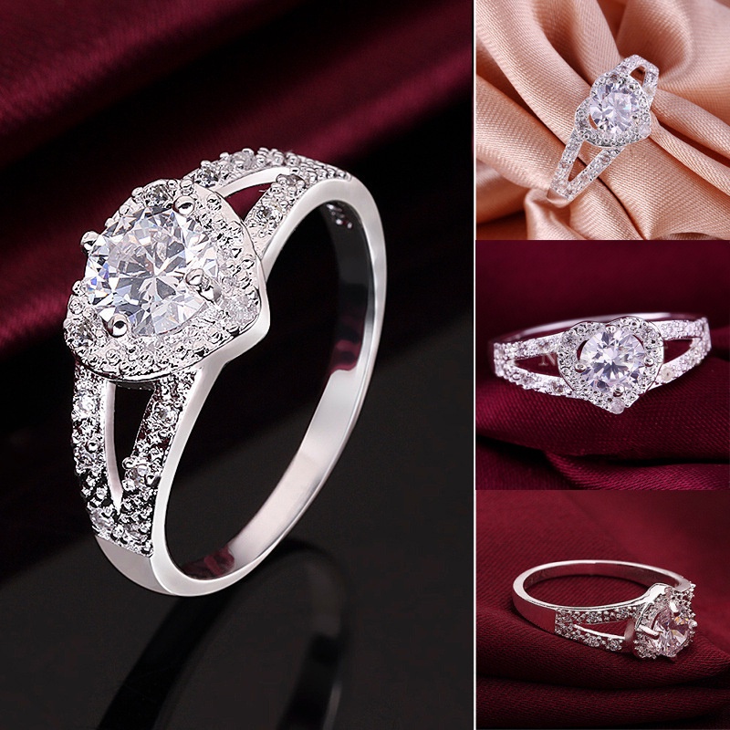 Nhẫn Mạ Bạc 925 Đính Đá Kim Cương Nhân Tạo Hình Trái Tim Cho Nữ