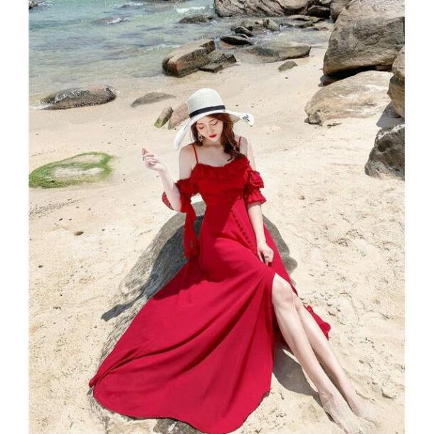 (miễn phí chỉnh váy) đầm maxi trễ vai nút bọc xẻ tà đi biển du lịch chụp ảnh sống ảo tiểu thư cực xinh new !