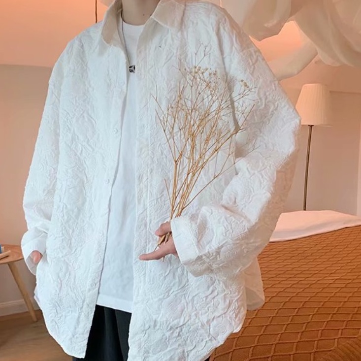 Áo Sơ Mi Tay Ngắn Cổ Đứng Dáng Rộng Họa Tiết Dập Nổi Thời Trang Cho Nam