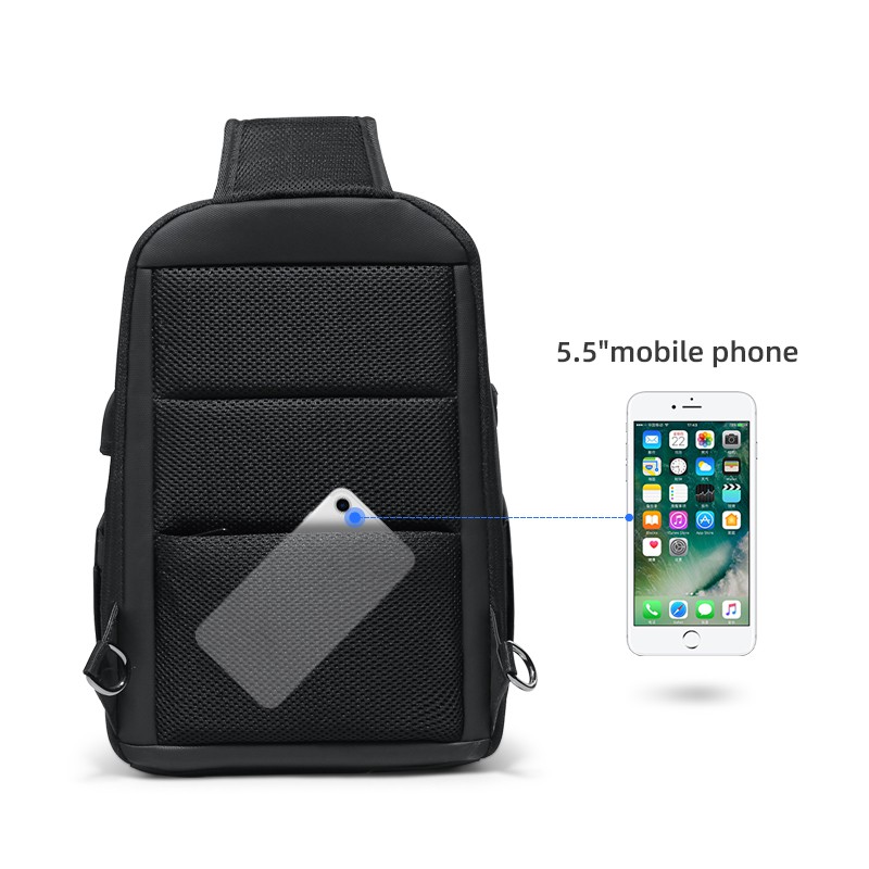 Túi đeo chéo ngực bằng vải Oxford màu đen chống thấm nước có cổng sạc USB thời trang cho nam
