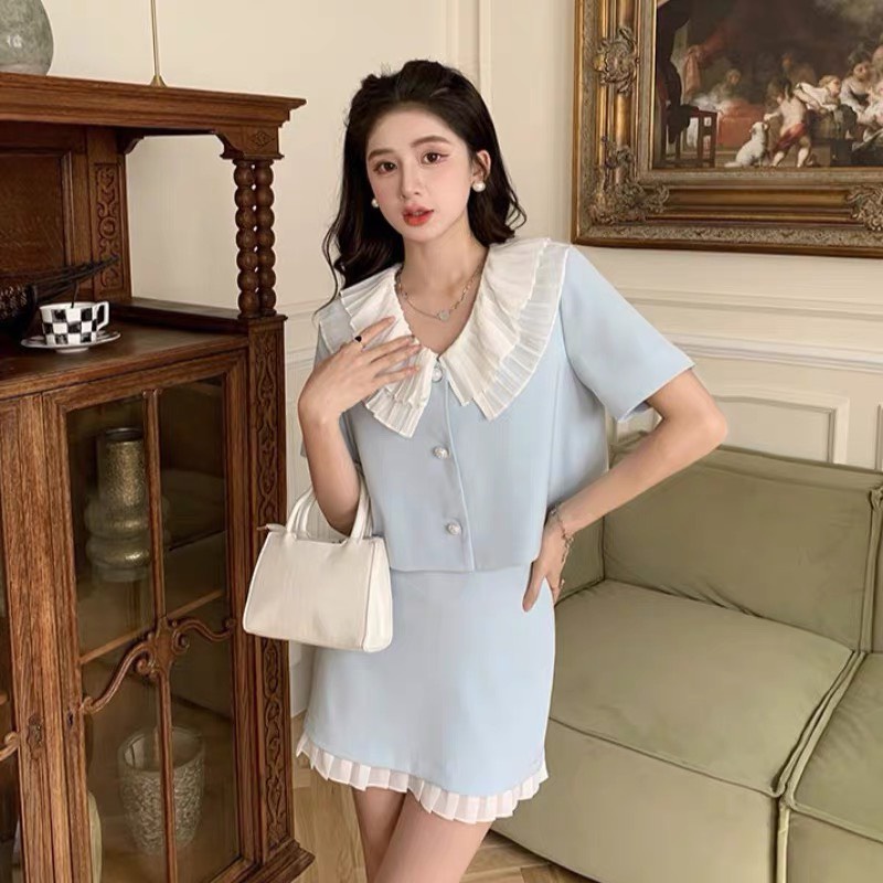 Set đồ nữ áo cổ peter tầng phối chân váy công sở sang chảnh HATI