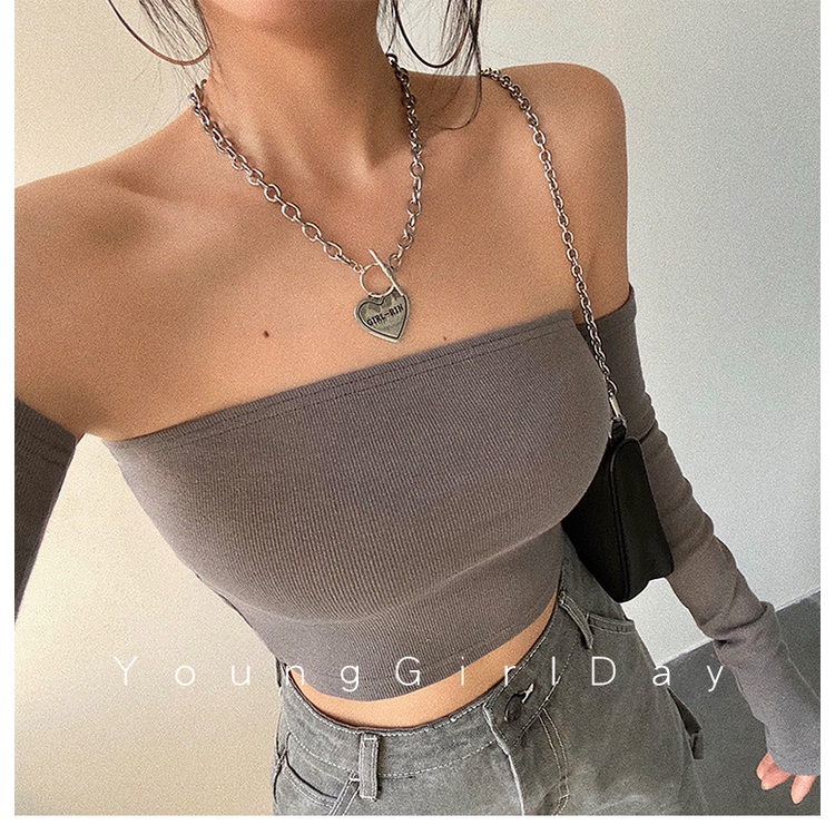 DUNEA Áo lửng trễ vai phối ống tay dài quyến rũ thời trang dành cho nữ