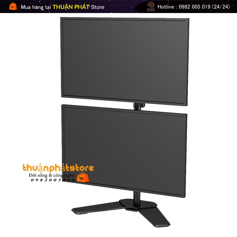 M073 | Giá Treo Màn Hình  - Giá Treo 2 Màn Hình 17-27 Inch Thiết Kế Chân Để Bàn - Xếp Màn Trên / Dưới - Xoay Màn 360