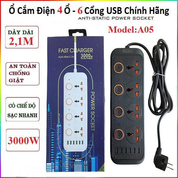 ❌A05 - 6USB và 4 Phích Cắm❌ Ổ cắm điện đa năng có 6 cổng USB Sạc Nhanh 3.1A Chống Chai Pin