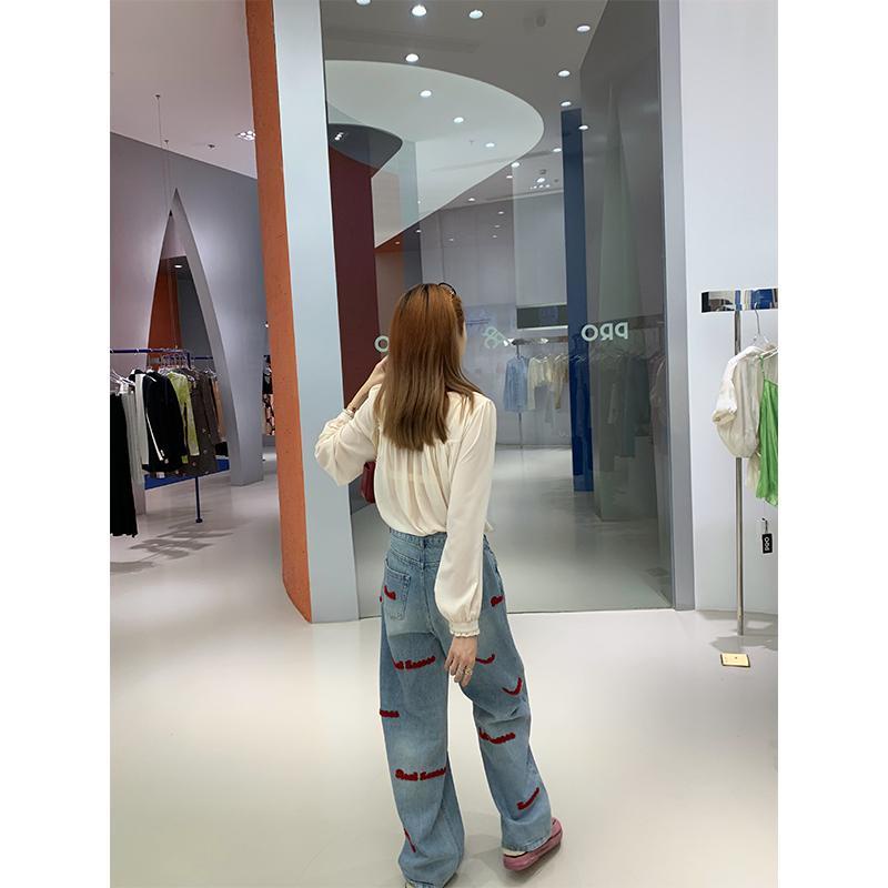 Honypove Quần Jeans Nữ Lưng Cao Ống Rộng Thêu Chữ Thời Trang Mới