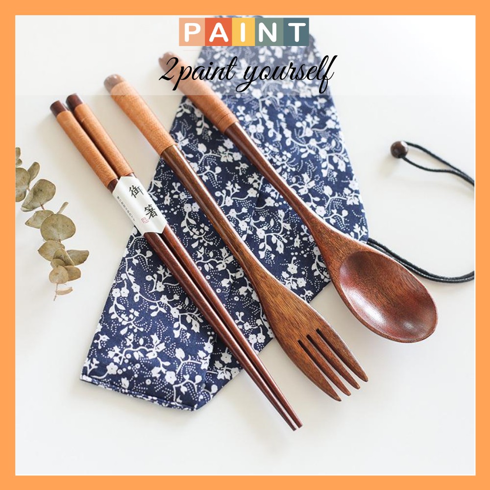 Set 4 món đũa, thìa, dĩa gỗ Nhật Bản, Bộ muỗng đũa nĩa, dụng cụ ăn cá nhân loại cao cấp