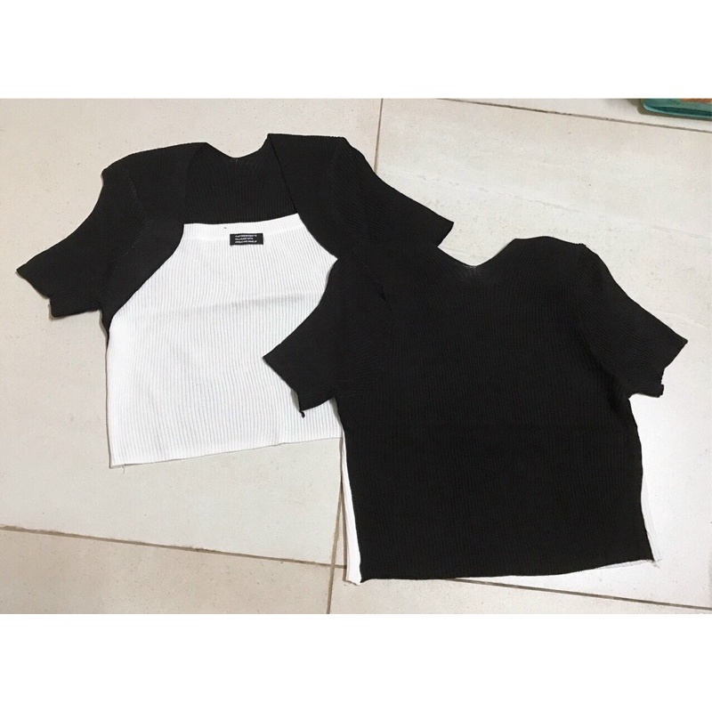 Áo len mỏng cổ vuông tay phối cực xinh