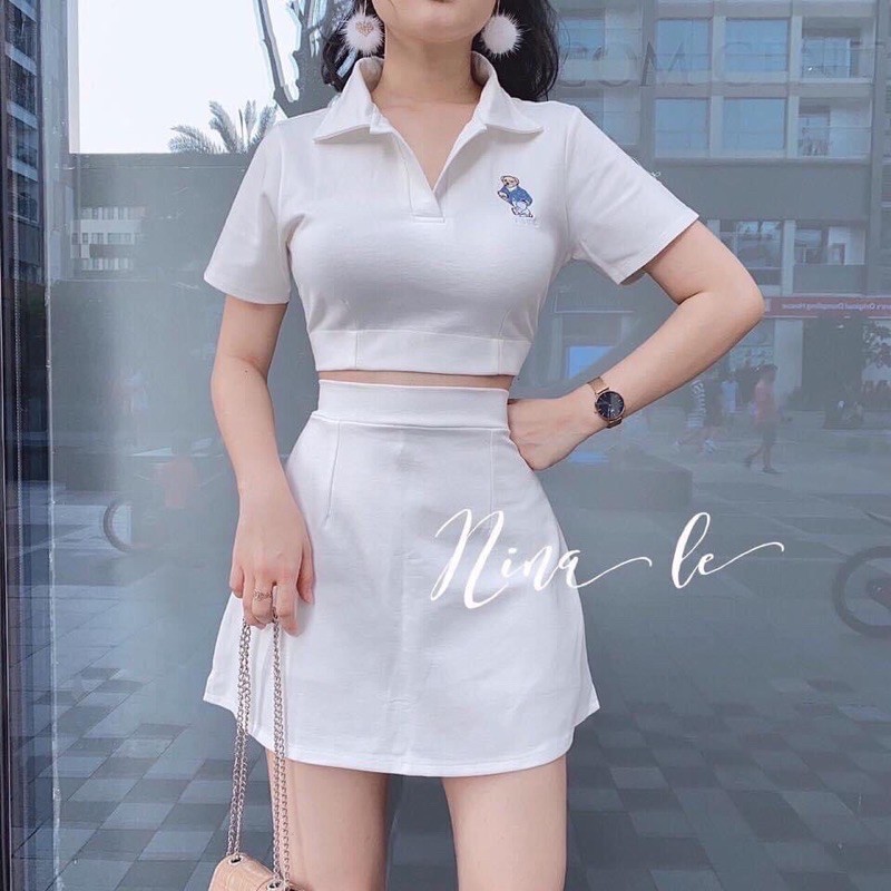 Set áo thun cổ bẻ polo thêu ngực xinh kèm chân váy chữ A