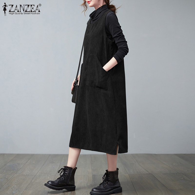 Váy dài ZANZEA không tay thiết kế túi xinh xắn thời trang cho nữ