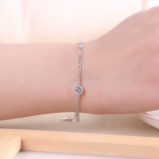 Lắc tay dây tim phồng nhỏ bạc thật chữ Love trơn 2 dây 1 viên đá