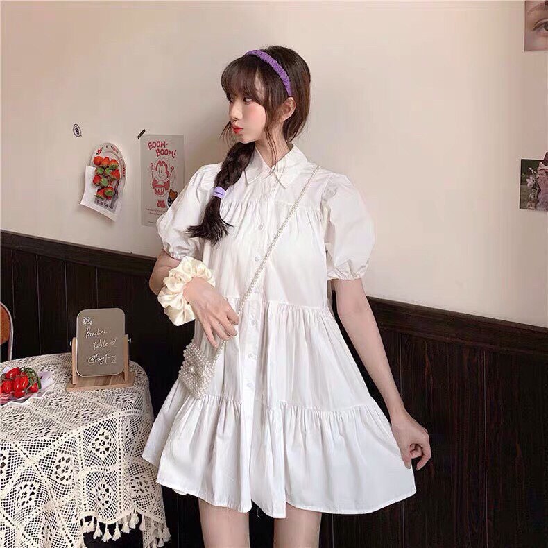 Đầm Sơ Mi Trắng Nữ Cộc Tay, 🌹KemVintage<FREESHIP>🌹, Váy Babydoll Nữ Tay Lỡ Dáng Lửng, Đầm Sơ Mi Đuôi Cá Màu Trắng