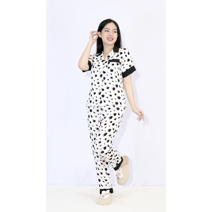 Bộ đồ Pijama nữ quần dài tay ngắn MÀU TRẮNG CHẤM ĐEN PHA CỔ ĐEN - SIÊU XINH - vải lụa COTTON - Cực Kì Sang Chảnh