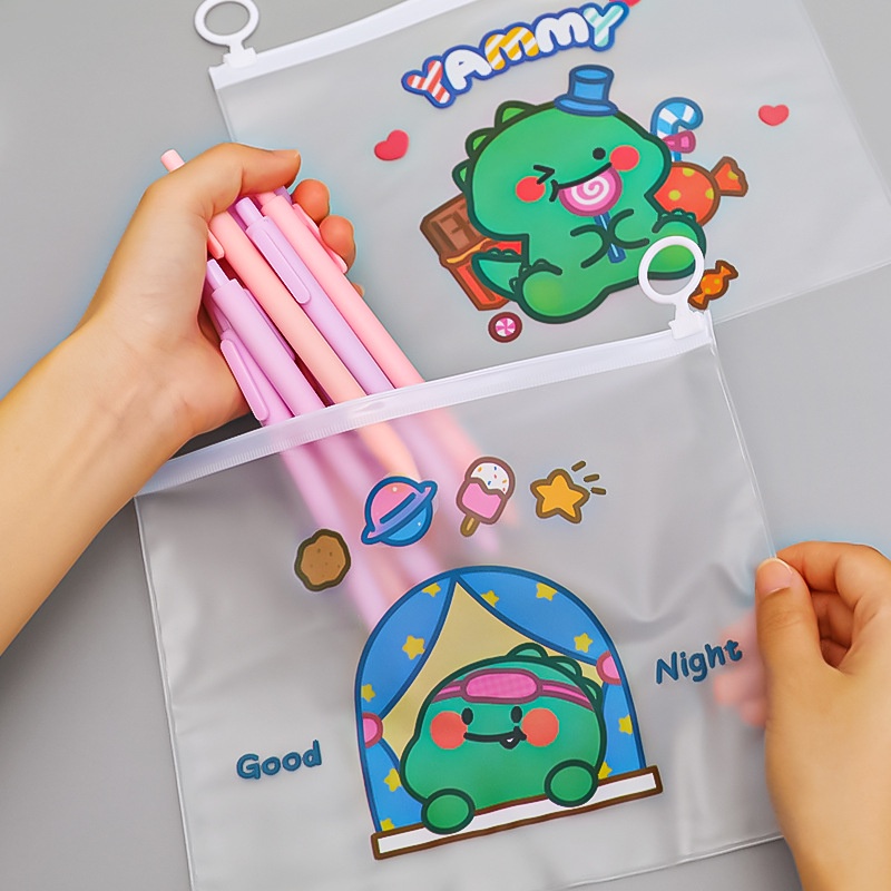 Hộp túi bút trong suốt cute hình chú khủng long dễ thương đáng yêu, khóa túi zip (21*17cm)