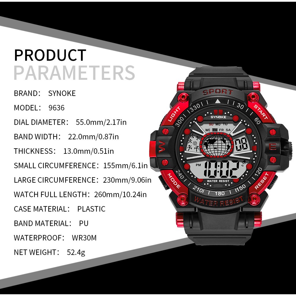 Đồng hồ điện tử thể thao thời trang trang nam cá tính dây nhựa cao cấp SYNOKE PKHRSNK015 (55 mm) | BigBuy360 - bigbuy360.vn