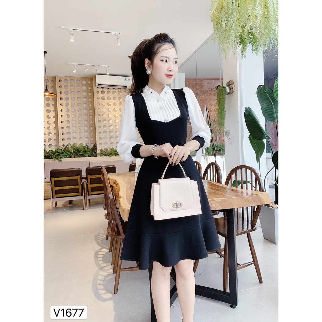 Váy đen xòe tay phối trắng V1677  - QUEEN SHOP DOLCE VIVA COLLECTION (ảnh người mẫu và ảnh trải sàn do shop tự chụp)