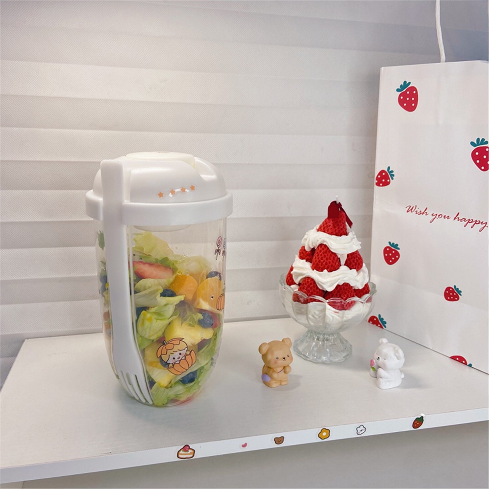 Cốc 1000ml Đựng Salad Kèm Nĩa Ăn Sáng / Sữa Chua / Trái Cây Giảm Cân Phong Cách Hàn Quốc