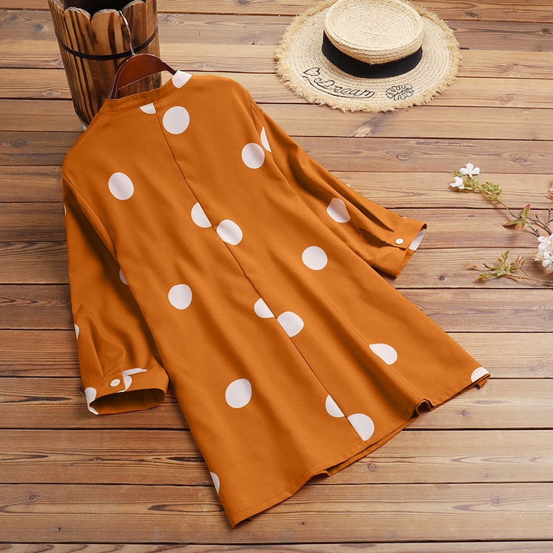 Áo kiểu ZANZEA cổ chữ V tay lỡ 3/4 có hàng nút cài in họa tiết chấm bi dễ phối đồ phong cách retro thường ngày cho nữ