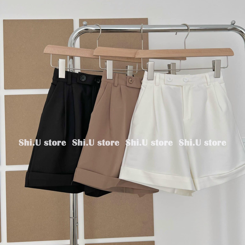 Quần short nữ Quần đùi cạp cao 2 cúc ống rộng chun sau ulzzang
