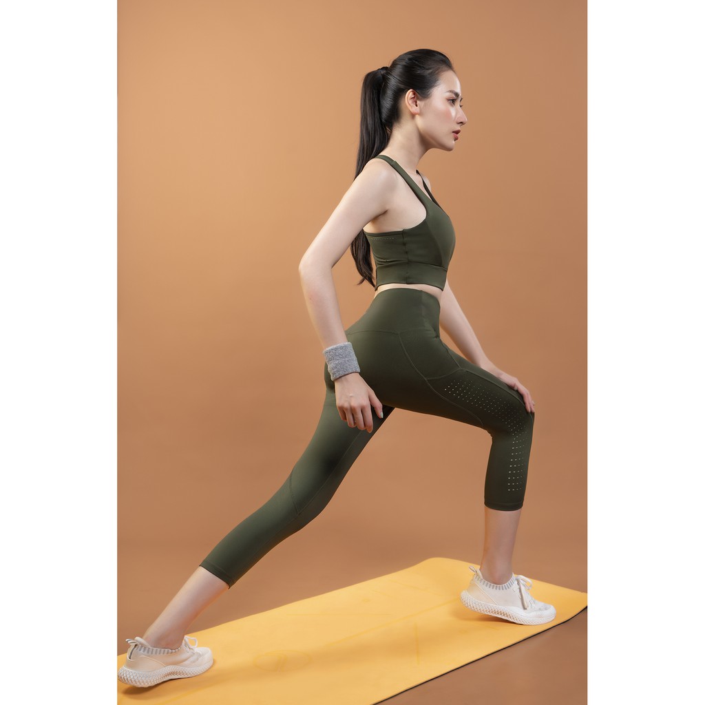 Set Đồ Tập Gym Yoga Áo Bra &amp; Quần Lửng Livan Sport Airy Cool Max Màu Xanh Rêu Thoáng Khí Tặng Kèm Mút Ngực Cao Cấp