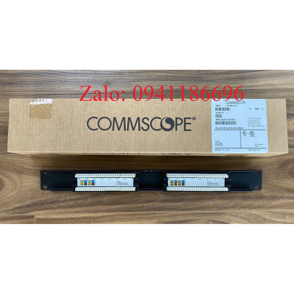 Patch panel 16 port Cat6 nhân liền Commscope, dùng thanh chuẩn 24 cổng