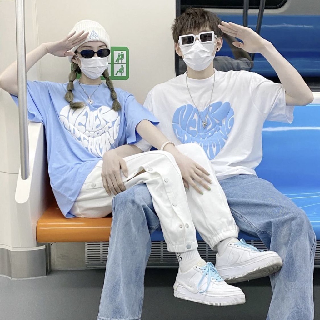 Áo Thun Tay Ngắn Dáng Rộng In Hình Trái Tim Phong Cách Hàn Quốc Cho Cặp Đôi