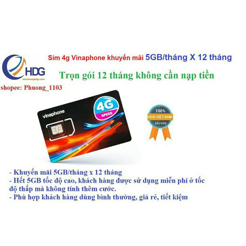 SIM 4G Vinaphone gói D500 5,05GB/tháng/12 tháng trọn gói