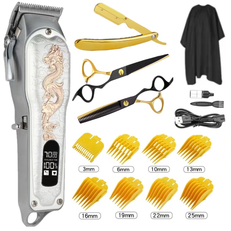 Tông Đơ Cắt Tóc Chuyên Nghiệp Không Lõi Có Đèn LED Vàng Khắc Hình Rồng Có Thể Sạc Lại Cho Nam