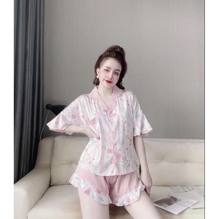 🌸 Vải xịn 🌸  Bộ đồ mặc nhà Pijama sleepwear lụa cao cấp tay nhún quần đùi cộc mặc bao mát mùa hè
